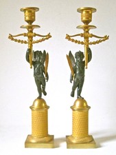 Pair French Empire Ormolu Gilt & Patinated Bronze Candlestick Holders c.1800 picture