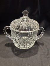 Vintage Clear Glass, Sugar Bowl With Lid, Starburst Floral Diamond Pattern picture