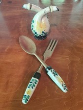 Vintage Double Neck Oil Vinegar Cruet w/ Spoon & Fork  Hand Painted Flowers  picture