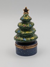 Chamart Limoges Christmas Tree Trinket Box Hand Painted France Porcelain Blue picture