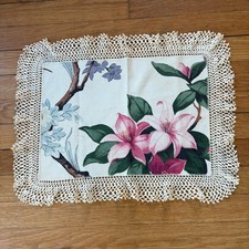 Vtg Handmade Floral Fabric Placemat Crochet Ivory Border 19”X 15” picture