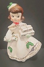 Vtg Relco?  Christmas Shopper Girl Coat Spaghetti trim Lady Figure Ceramic 50'S picture