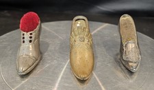 3 Vtg Old Victorian Small Pin Cushion Metal Shoes picture