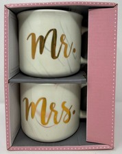 Mr. & Mrs. Marble Ceramic Coffee Mug Set Gold Lettering Gift New in Box #2 picture