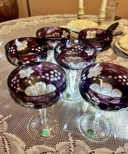 Wallace Crystal Purple Etched Grapes Champagne Saucer Coupe Glasses Set of 6 picture