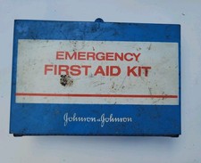 Vintage 70s Johnson and Jonhson Emergency First Aid Metal Box picture
