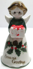 Vintage SEASON'S GREETINGS Bell Angel Figurine Holly Berries Gift 4 3/8