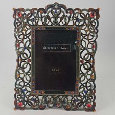 Vintage Ornate Jeweled Sheffield Home enamel Metal Filigree Photo Picture Frame picture