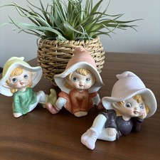 Vintage Homco Pixie Elves Fairy Set Of 3 #5213 MCM Orange Brown Green Whimsical picture