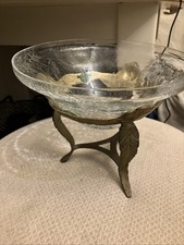 Vintage Crackled Glass Bowl With Ornate Brass Feather Base - Elegant & Rustic picture