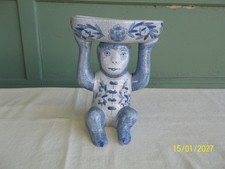 Vtg Chinoiserie Blue White 8” Ceramic Monkey Sitting Hold Soap Dish Candy Bowl picture
