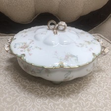 Vtg Haviland Limoges soup tureen with gold bows and handles pink flowers & vines picture