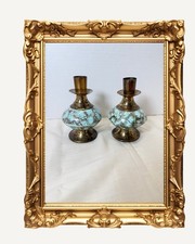 Vintage Turquoise & Brass Candleholders – Pair of Antique-Style Candlesticks picture