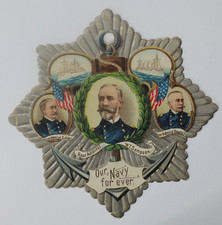 Spanish American War Victorian Embossed Fischer Piano Tag Our Navy Forever Dewey picture