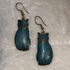 Cat Dangle Pierced Earrings Gold Tone Metal Teal Blue Enamel picture