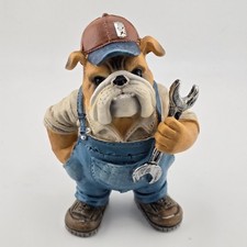 Resin English Bulldog Mechanic Figurine Wrench Blue Overalls Cap Dog Statue 5