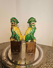 Pair Green Glazed Ceramic Foo Dog Figurines on Pedestal/Square Bases picture