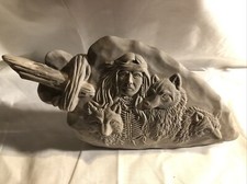 Vintage Ceramic Bisque Arrowhead Statue Figurine With Native American & Wolves picture