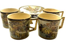 Set of 4 Antique Japanese Satsuma Demitasse Cups & Saucers Mt Fuji Hand Painted picture