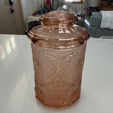 Vintage Indiana Glass Company Tiara Peach Pink Sandwich Glass Lidded Canister picture