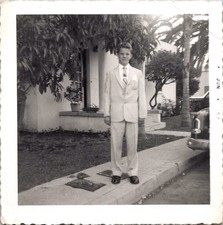 Well-Dressed Boy in Suit Outside Suburban Home, 1957 B&W Snapshot Photo picture