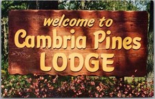 c1960s CAMBRIA, California Postcard CAMBRIA PINES LODGE Hotel Resort / Sign View picture