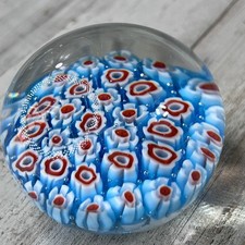 Vintage 2.5” Round Blown Glass Millifiori Flower Design Paperweight picture