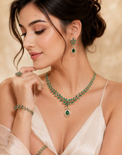 Lab-Created Emerald 14K Yellow Gold Over Necklace Earrings Bracelet Ring All Set picture
