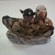 Native American Figurine of Children In Canoe With Wolf Pup Resin 4.5