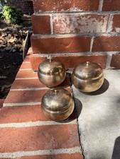 Vintage Korean 3 Brass Hand Hammered Lidded Rice/Trinket Bowls Signed picture