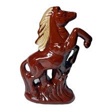 Vintage Ceramic Rearing Horse Figurine Brown Cream Glaze Mid Century Pottery 8” picture