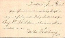 1906 Northwestern Mutual Life Postcard Trenton NJ Mills Whittlesey Suicide signd picture