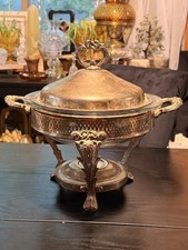 Vintage  Silver-Plated Elegant Chafing Dish W/Glass Pyrex Warming Casserole Dish picture