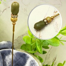 Small Olive Green Glass Clear Rhinestone Band  Textured Gold Base Hatpin 6 Inch picture
