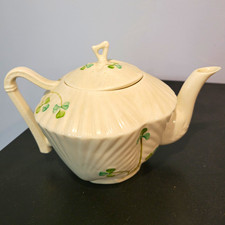 Vintage Belleek Ireland Harp Handle Shamrock Porcelain Teapot W Lid, Ivory Green picture