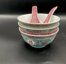 Chinese Longevity Porcelain Rice Bowls & Soup Spoons Set 3 Bowls 2 Spoons picture