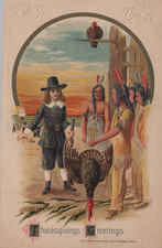 WINSCH 1914 THANKSGIVING POSTCARD VINTAGE Indians Giving Turkey to Pilgrim picture