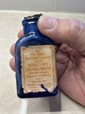Cobalt Embossed Triangle Poison Bottle/Label Cork Skull and Crossbones picture