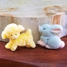VTG Easter Baby Lamb & Rabbit Fridge 3D Flocked Figural Magnet Yellow Grey Pink picture