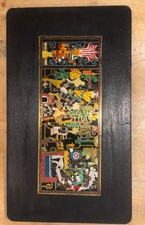 Vintage Mexican Mmm Brass Enamel Mayan Aztec Wall Plaque Mounted on Wood 8x13 In picture