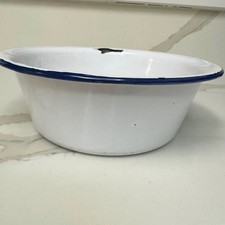 Vintage White Enamelware Wash Basin Bowl Blue Rim 9.5