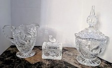 VTG Hoffbauer Crystal Byrdes Bird Sugar & Creamer Set W/Mini Lided Trinket Dish picture