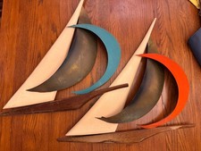 MCM Vintage Teak/Brass Masketeers Sailboat Pair: Wall Art Decor picture