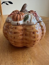 Grasslands Road Ceramic Pumpkin Basket Weave Jar Lid Fall Harvest picture