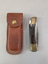 Vintage Utica 440 Stainless steel Pocket Folding Knife w/ Leather Belt Clip picture