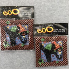 Vintage B&D Halloween Pot Holders Black Cat Applique Lot of 2 100% Cotton picture
