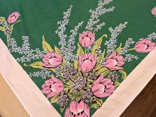 Pink Tulips on Green, vintage tablecloth picture