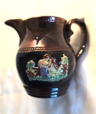 Antique English Copper Lusterware Creamer Cobalt Blue Relief Child & Dog 3.25