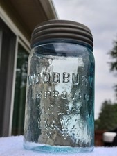 Original Complete Crude Aqua Pint Woodbury Improved Fruit or Canning Jar Nice picture