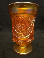 ANTIQUE  CURVED STAR CATHEDRAL BEAUTIFUL CARNIVAL GLASS CELERY VASE 6.5